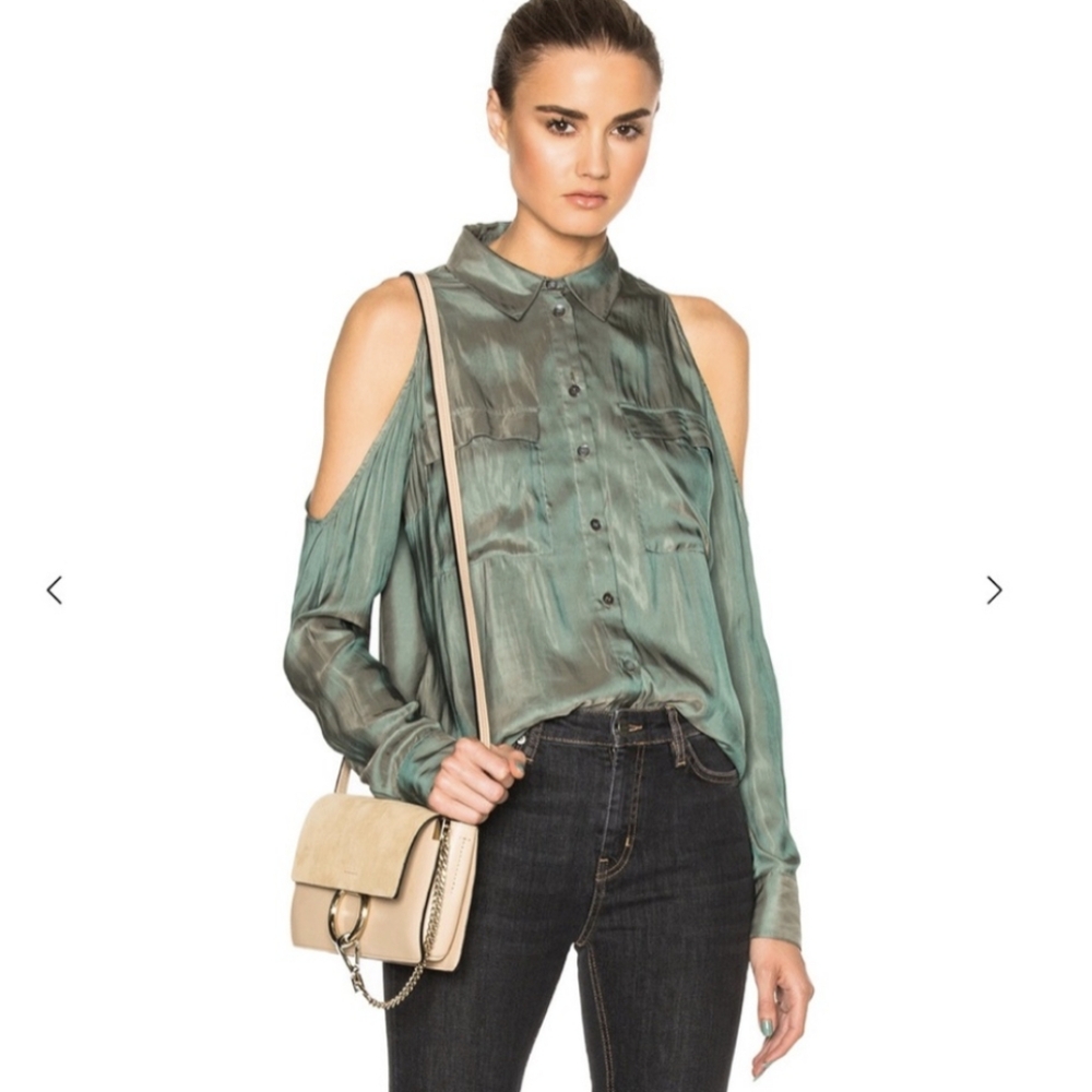Veronica Beard Iridescent Calvin Cold Shoulder Blouse Button Up Shirt XS
